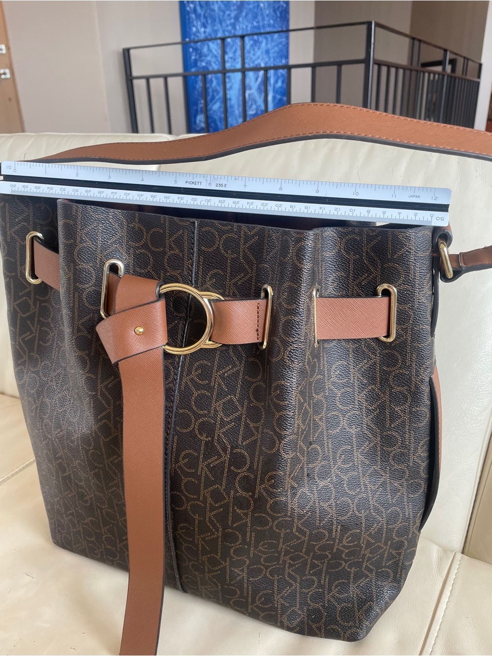 Calvin Klein Brown Monogram Tote with Marching Zip Pouch, Tan/Gold Leather Trim